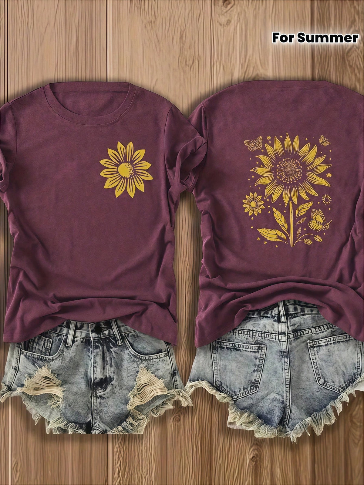 Double-Sided Printed Colored Cotton T-Shirt Comfortable, Stylish With Minimalist Design, Casual & Versatile, INS Style Sunflower And Butterfly Design 100 Percent Cotton Graphic T Shirts