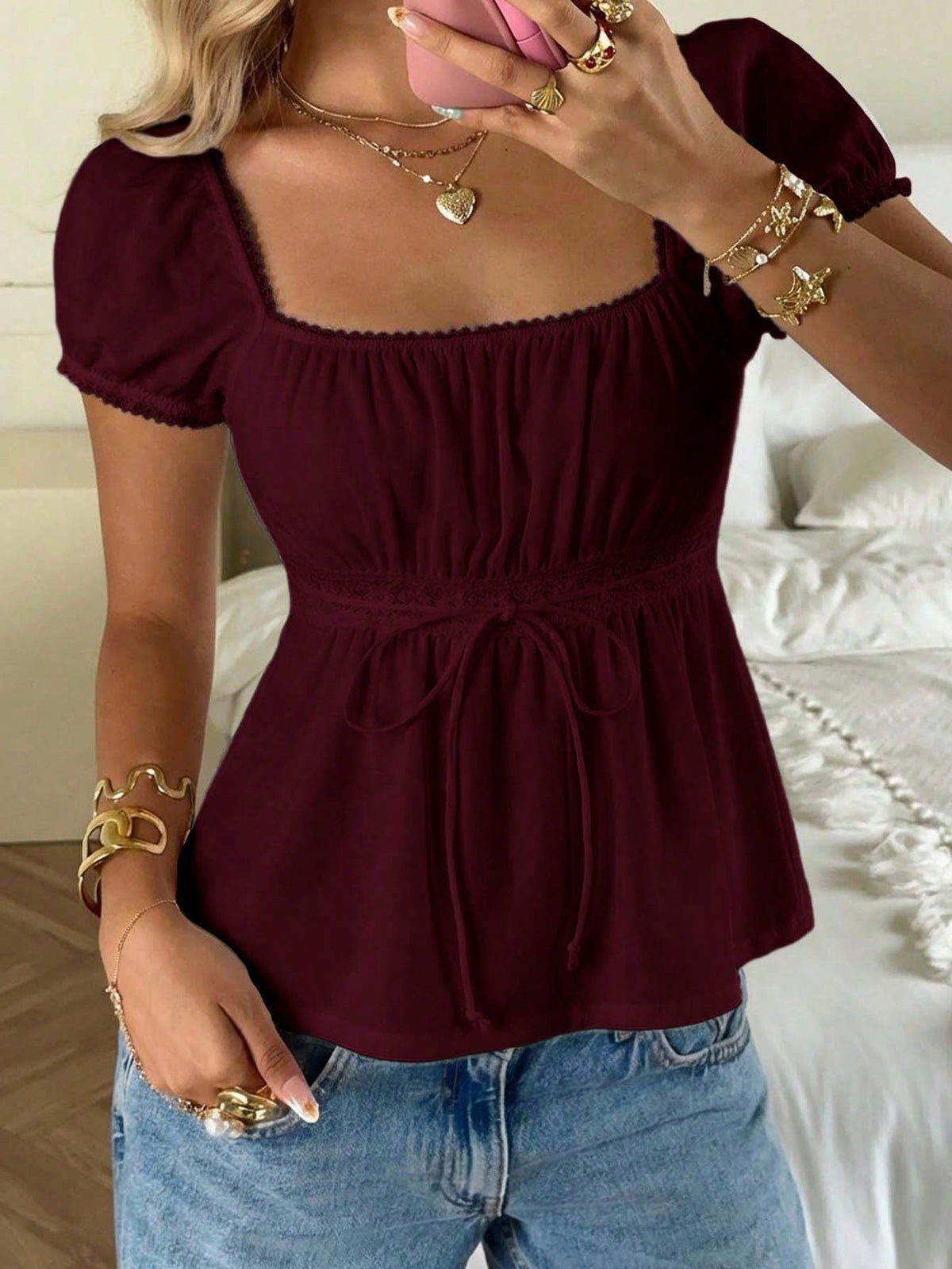 CovetEZ 95% Cotton Summer Square Neck Puff Sleeve Tie Front Tee, Wine Red,Summer Top