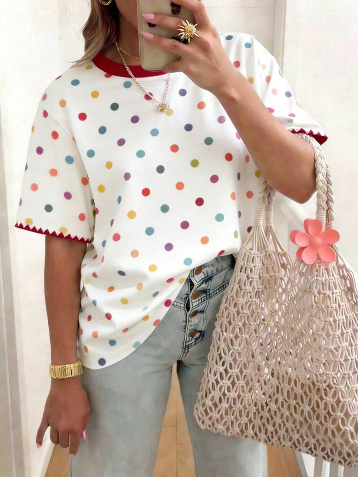EMERY ROSE Polka Dot Crew Neck Casual Short-Sleeved T-Shirt, Plus Size Women's T-Shirt, Summer Style