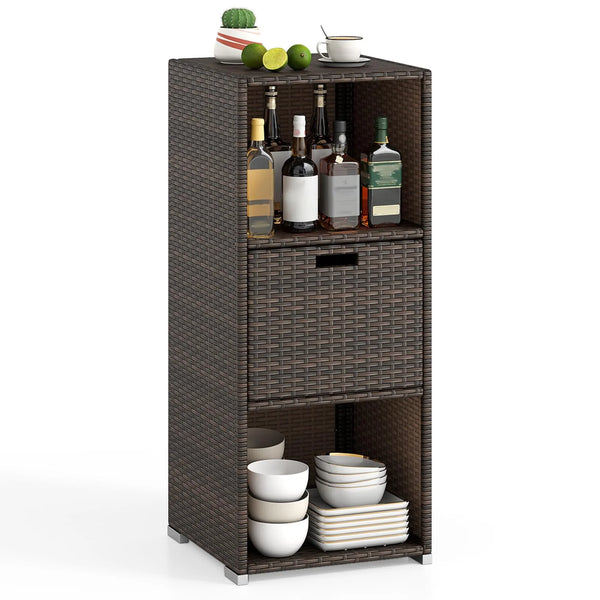 Tangkula Rattan Patiojoy Outdoor Wicker Cabinet with 3 Shelves