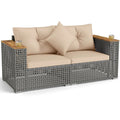 62.5" Patio Wicker Loveseat w/ Acacia Wood Armrests & Cup Holders, 2PCS Modular Rattan Corner Sectional Sofa w/ Cushions & Pillows for Backyard