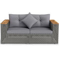 62.5" Patio Wicker Loveseat w/ Acacia Wood Armrests & Cup Holders, 2PCS Modular Rattan Corner Sectional Sofa w/ Cushions & Pillows for Backyard