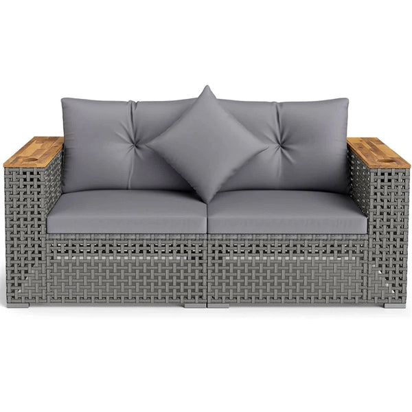 62.5" Patio Wicker Loveseat w/ Acacia Wood Armrests & Cup Holders, 2PCS Modular Rattan Corner Sectional Sofa w/ Cushions & Pillows for Backyard