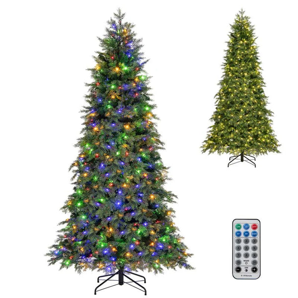 6/7.5 FT Pre-Lit Artificial Christmas Tree, PE/PVC Mixed Tips, Hinged Xmas Tree with Remote, 11 Color-Changing LED Modes, Timer & Metal Stand