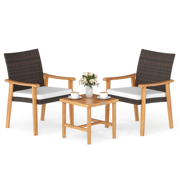 Tangkula 3 Pieces Patio PE Wicker Furniture Set Acacia Wood Outdoor Conversation Bistro Set