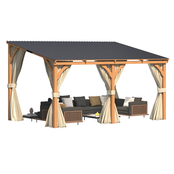 AECOJOY 14x10 Outdoor Wooden Pergola Gazebo with Curtains and Netting for Patio