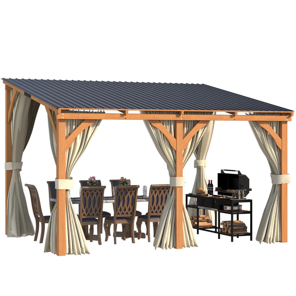 AECOJOY 12x10 Outdoor Wooden Pergola Gazebo with Curtains and Netting for Patio