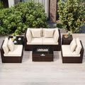 Tangkula 7 Pieces Wicker Patio Furniture Set with 40,000 BTU Gas Fire Pit Table & Propane Tank Cover Table & Glass Top Coffee Table