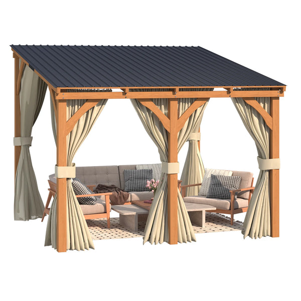 AECOJOY 10x10 Outdoor Wooden Pergola Gazebo with Curtains and Netting for Patio