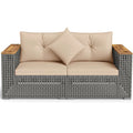 62.5" Patio Wicker Loveseat w/ Acacia Wood Armrests & Cup Holders, 2PCS Modular Rattan Corner Sectional Sofa w/ Cushions & Pillows for Backyard